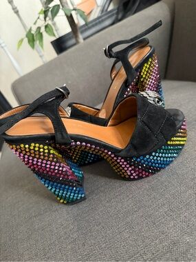 Kurt Geiger Black Suede Platform Sandals with Multicolor Rainbow Crystal Heel